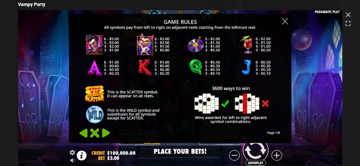 Vampy Party Slot symbols and payouts