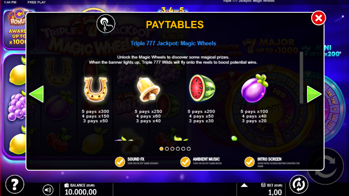Tripple 777 Jackpot - Magic Wheels slot symbols and payouts