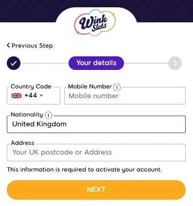 Wink Slots registration form step 2