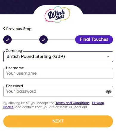 Wink Slots registration form step 3